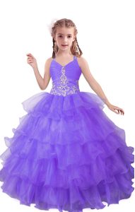 Popular Lilac Ball Gowns V-neck Sleeveless Organza Floor Length Zipper Beading and Ruffled Layers Kids Pageant Dress
