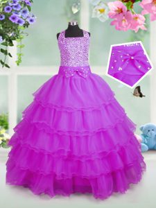 Perfect Square Sleeveless Little Girls Pageant Gowns Floor Length Beading and Ruffled Layers Rose Pink Organza