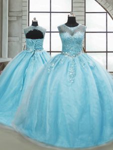 Luxury Aqua Blue Ball Gowns Beading Sweet 16 Dress Lace Up Tulle Sleeveless