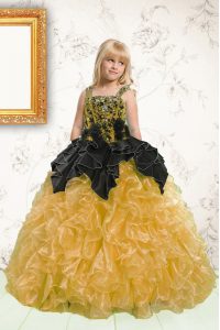 Custom Design Gold Lace Up Kids Pageant Dress Beading and Pick Ups Sleeveless Floor Length