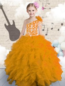 Customized Floor Length Orange Little Girl Pageant Dress One Shoulder Sleeveless Lace Up