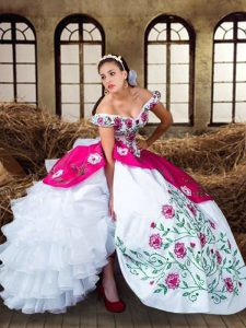 Fantastic Off The Shoulder Sleeveless Chiffon Quinceanera Gown Embroidery and Ruffled Layers Lace Up