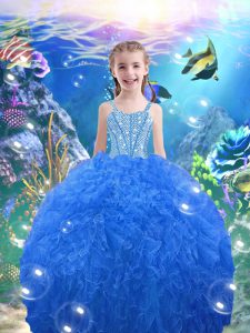 Graceful Beading and Ruffles Little Girl Pageant Gowns Baby Blue Lace Up Sleeveless Floor Length