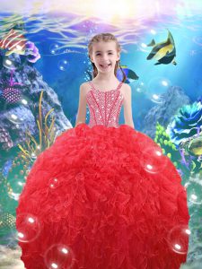 Affordable Coral Red Lace Up Straps Beading and Ruffles Little Girls Pageant Gowns Organza Sleeveless