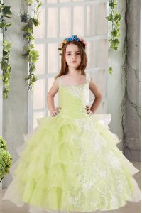 Light Yellow Ball Gowns Lace and Ruffled Layers Little Girl Pageant Gowns Lace Up Organza Sleeveless Floor Length