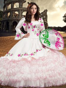Comfortable White Square Lace Up Embroidery and Ruffled Layers Quinceanera Gowns Long Sleeves