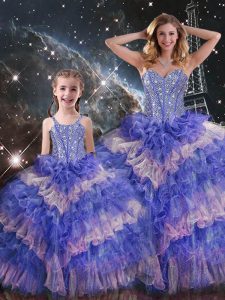 Colorful Sleeveless Floor Length Ruffled Layers and Sequins Lace Up 15 Quinceanera Dress with Multi-color