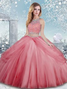 Simple Watermelon Red Ball Gowns Beading Quince Ball Gowns Clasp Handle Tulle Sleeveless Floor Length