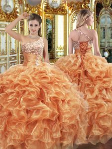 Charming Orange Sleeveless Floor Length Beading and Ruffles Lace Up Quince Ball Gowns