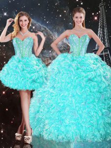 Simple Floor Length Lace Up Quinceanera Gowns Aqua Blue for Military Ball and Sweet 16 and Quinceanera with Beading and Ruffles
