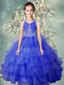 New Style Baby Blue Halter Top Neckline Beading and Ruffled Layers Little Girls Pageant Dress Wholesale Sleeveless Zipper