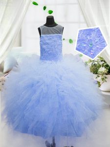 Scoop Baby Blue Zipper Girls Pageant Dresses Beading and Ruffles Sleeveless Floor Length