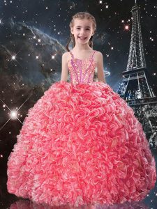 Straps Sleeveless Child Pageant Dress Floor Length Beading and Ruffles Coral Red Organza