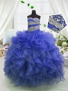 Floor Length Ball Gowns Sleeveless Blue Little Girls Pageant Dress Lace Up