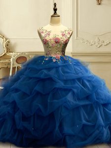 Navy Blue Ball Gowns Scoop Sleeveless Organza Floor Length Lace Up Appliques and Ruffles and Sequins Sweet 16 Dresses