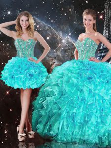 Traditional Ball Gowns Quince Ball Gowns Aqua Blue Sweetheart Organza Sleeveless Floor Length Lace Up