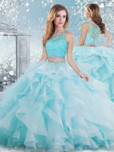 Aqua Blue 15 Quinceanera Dress Military Ball and Sweet 16 and Quinceanera with Beading and Ruffles Scoop Sleeveless Clasp Handle