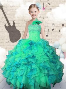 Organza One Shoulder Sleeveless Lace Up Beading and Ruffles Kids Formal Wear in Turquoise