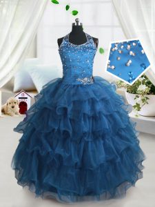 Ruffled Ball Gowns Pageant Gowns For Girls Teal Spaghetti Straps Organza Sleeveless Floor Length Lace Up