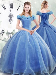 Light Blue Quinceanera Dresses Military Ball and Sweet 16 and Quinceanera with Pick Ups Off The Shoulder Sleeveless Brush Train Lace Up