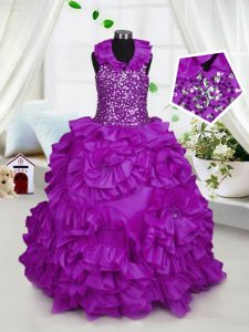 Purple Ball Gowns Taffeta Halter Top Sleeveless Beading Floor Length Zipper Little Girls Pageant Dress