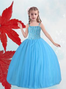 High Class Baby Blue Ball Gowns Straps Sleeveless Taffeta and Tulle Floor Length Lace Up Beading Child Pageant Dress