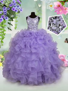 Elegant Scoop Floor Length Zipper Little Girl Pageant Dress Lavender for Quinceanera and Wedding Party with Beading and Ruffles