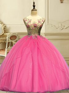 Rose Pink Scoop Lace Up Appliques 15 Quinceanera Dress Sleeveless