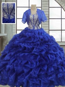 Dramatic Sweetheart Short Sleeves Lace Up Quinceanera Gown Royal Blue Organza