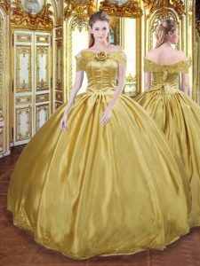 Shining Tulle Off The Shoulder Sleeveless Lace Up Beading and Appliques and Hand Made Flower Ball Gown Prom Dress in Gold