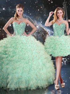 Best Selling Sleeveless Organza Floor Length Lace Up Quinceanera Dress in Apple Green with Beading and Ruffles
