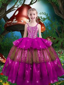 Ball Gowns Kids Formal Wear Fuchsia Straps Organza Sleeveless Floor Length Lace Up