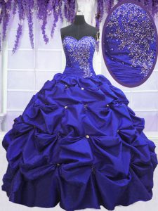 Sleeveless Taffeta Floor Length Lace Up Sweet 16 Dresses in Navy Blue with Beading and Pick Ups