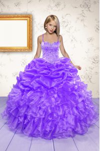 Eggplant Purple Ball Gowns Spaghetti Straps Sleeveless Organza Floor Length Lace Up Beading and Ruffles and Pick Ups Girls Pageant Dresses