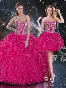 Hot Pink Organza Lace Up Sweetheart Sleeveless Floor Length Quinceanera Dress Beading and Ruffles
