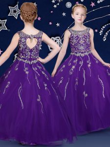 Cheap Scoop Beading Pageant Gowns For Girls Purple Lace Up Sleeveless Floor Length