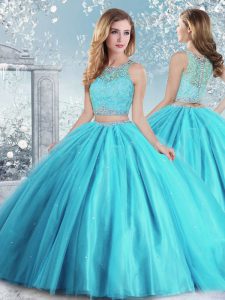Luxury Floor Length Clasp Handle Quinceanera Gown Aqua Blue for Military Ball and Sweet 16 with Beading and Sequins