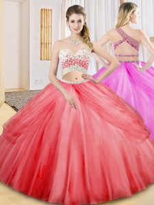 Graceful Coral Red Criss Cross One Shoulder Beading and Ruching and Pick Ups Quinceanera Gowns Tulle Sleeveless