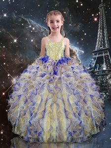 Straps Sleeveless Kids Pageant Dress Floor Length Beading and Ruffles Multi-color Organza