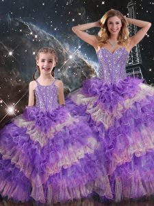 Sexy Organza Sweetheart Sleeveless Lace Up Beading and Ruffled Layers and Sequins Quinceanera Gown in Multi-color