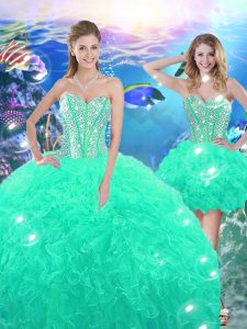 Beading and Ruffles Quinceanera Gowns Turquoise Lace Up Sleeveless High Low