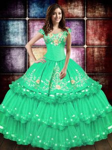 Artistic Off The Shoulder Sleeveless Taffeta Sweet 16 Dress Embroidery and Ruffled Layers Lace Up
