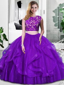 Sleeveless Floor Length Lace and Ruffles Zipper 15 Quinceanera Dress with Purple