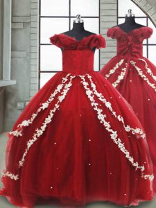 High Class Wine Red Lace Up Little Girl Pageant Gowns Appliques Sleeveless Brush Train