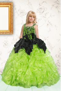 Custom Design Apple Green Organza Lace Up Girls Pageant Dresses Sleeveless Floor Length Beading and Pick Ups