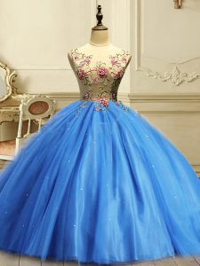 Flare Floor Length Lace Up Quinceanera Dresses Baby Blue for Military Ball and Sweet 16 and Quinceanera with Appliques and Sequins