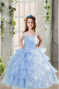 Beauteous Baby Blue Spaghetti Straps Lace Up Lace and Ruffled Layers Child Pageant Dress Long Sleeves