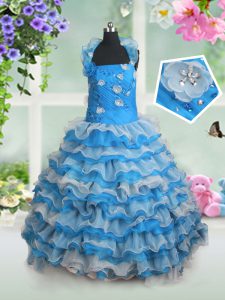 Customized Ruffled Baby Blue Sleeveless Organza Lace Up Kids Pageant Dress for Party and Wedding Party