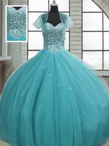 Aqua Blue Ball Gowns Beading and Sequins Sweet 16 Quinceanera Dress Lace Up Tulle Sleeveless Floor Length