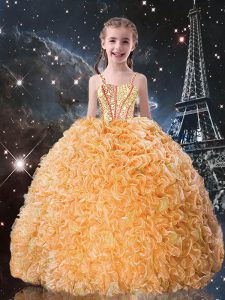 Beautiful Gold Ball Gowns Straps Sleeveless Organza Floor Length Lace Up Beading and Ruffles Pageant Gowns For Girls